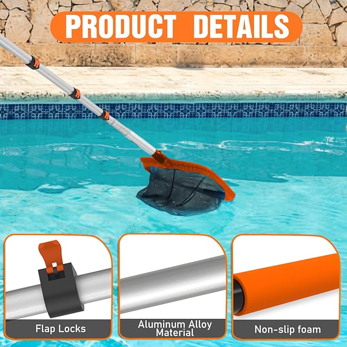 LAANPOLE 4-in-1 Pool Skimmer Net with Pole, Heavy Duty Pool Net and Fine Mesh Leaf Skimmer Net for Above Ground Pool, 12FT Telescopic Pool Pole with Professional Pool Net and Pool Hook for Cleaning