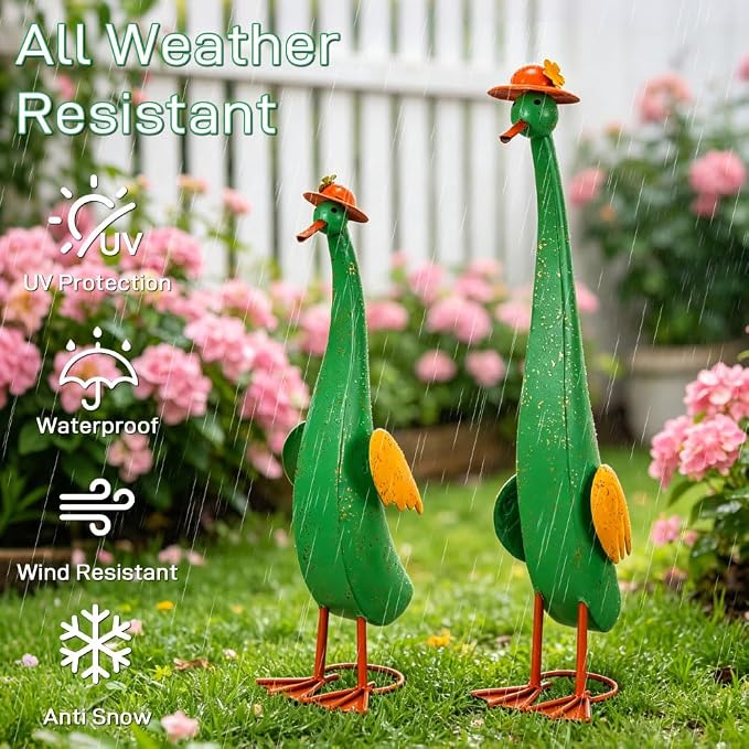 22" Duck Garden Statue Set of 2 Metal Ducks | Outdoor Decor Porch Animal Figurine Yard Art Sculptures Rustproof Lawn Ornament for Outside Patio Backyard Decorations
