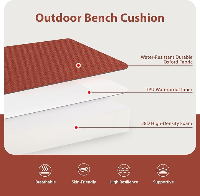 Favoyard Outdoor Bench Cushion 42 x 18 Inch Waterproof Patio Furniture Cushions 3-Year Color Fastness Garden Sofa Settee Couch Swing Pads with Handle and Attach Ties, Spice