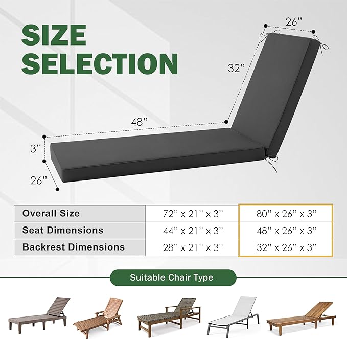 Chaise Lounge Cushions Outdoor, 80x 26x 3 Inch Waterproof & Fade-Resistant Lounge Chair Cushion, Outdoor Chaise Cushion with Removable Cover & Ties for Lawn, Patio, Pool & Beach, Dark Grey