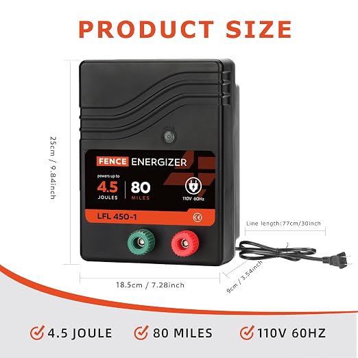 Electric Fence Charger AC Powered 80 Miles 250 Acres, 110 Volt 4.5 Joule Plug-in Electric Fence Energizer, Output Voltage Max 10 kV for Livestock, Preventing Predators from Intruding