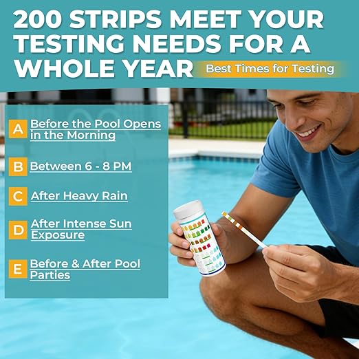 Pool Test Strips: 200CT 7-Way Professional Hot Tub & Spa Test Kit for Bromine pH Total Chlorine & Hardness Cyanuric Acid and More Accurate Testing Above Inground Swimming Pool Water (200)