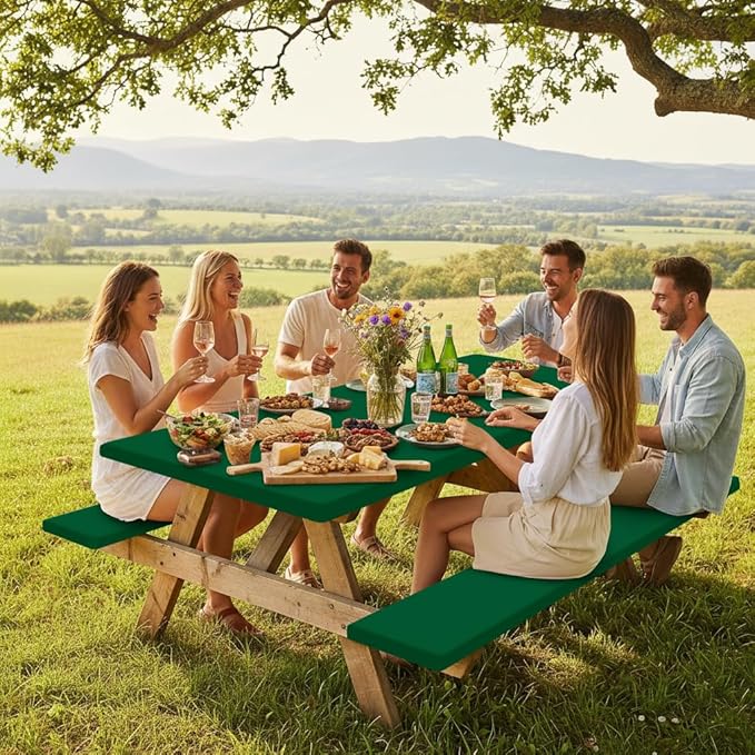 Smiry Picnic Table Cover with Bench Covers, Waterproof Elastic Fitted Polyester Tablecloths for 8 Ft Rectangle Tables, Washable Windproof Tablecloth for Outdoor, Camping (Emerald Green, 30x96 Inches)
