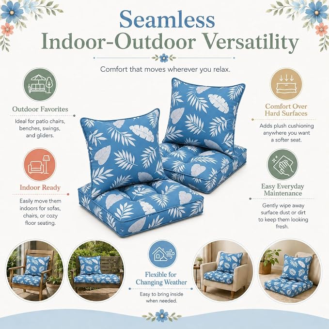 22x22 Waterproof Outdoor Chair Cushions Set of 2, Patio Cushions for Outdoor Furniture Water-Resistant & Fade-Resistant, Deep Seat & Back Cushion for Wicker Sofa (Blue Leaf)