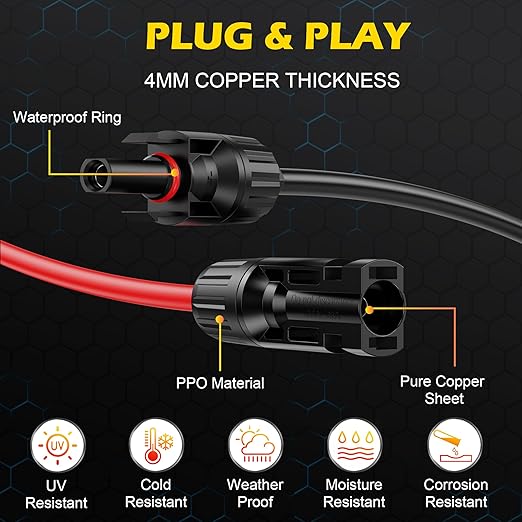 49Ft Solar Cable Solar Extension Cable,10AWG Solar Panel ExtensionCable with Female and Male Connectors,Waterproof Solar ExtensionCable Kit (Red and Black).