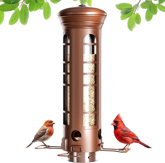 Squirrel Proof Bird Feeder for Outdoors, 360° Weight-Sensitive Activation, Removable Base for Easy Cleaning, 3 Lbs Capacity, 4 Feeding Ports, Tube Metal Bird Feeder for Cardinals, Finches