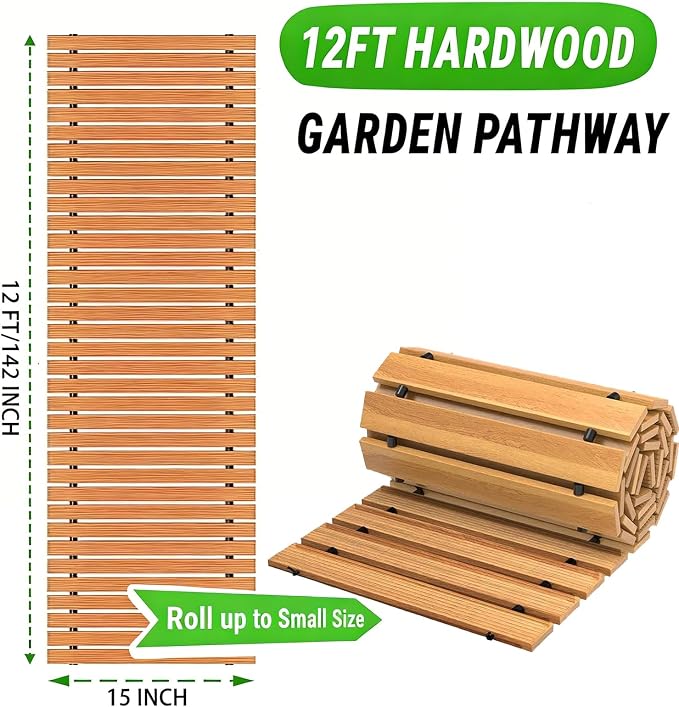 Wooden Garden Pathway Outdoor Walkway - 12 FT Roll Out Outdoor Pathway with Ground Stakes, Boardwalk Pavers for Outside Walkway, Non-Slip Garden Path for Backyard Decor, Lawn Landscaping, Natural