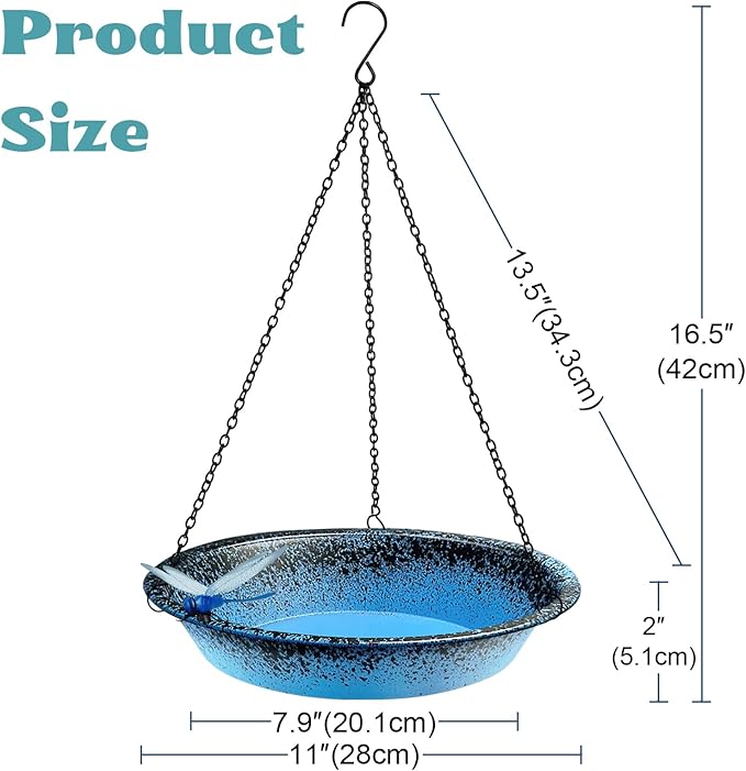 Hanging Bird Bath for Outdoors 11.4 inch Metal Birdbath Bowl with Detachable Black Chains & Hook Outdoor Hanging Bird Feeder for Tree, Window, Patio, Backyard, Gift for Bird Lovers (Blue)