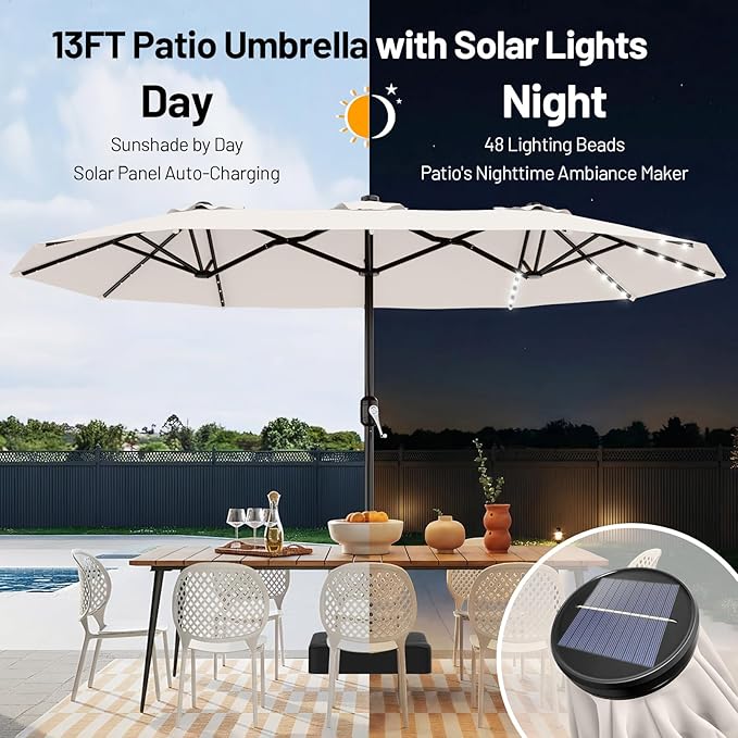 AreShark 13 FT Patio Umbrella with Solar Lights, Double-Sided Outdoor Table Umbrellas with Crank, Large Rectangular Market Umbrella for Porch, Lawn, Pool, Backyard, Cream-White