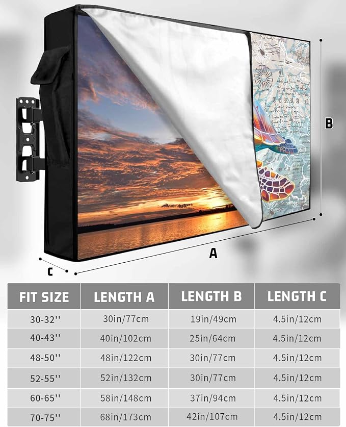 Ocean Outdoor TV Cover 55 Inch Weatherproof, Sea Turtle Nautical Map TV Covers for Outside, 600D Thick Waterproof Outdoor TVs Screen Protector with Zipper for 52 to 55 inch Screens