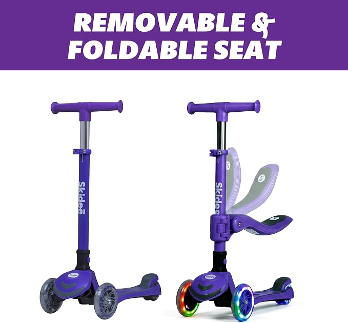 SKIDEE Kick Scooter for Kids Ages 3-5 | Foldable 3 Wheel Scooter with Lean-to-Steer, Adjustable Height, Removable Seat & LED Light Wheels | Toddler Scooter Up to 12 Year Old Boys/Girls