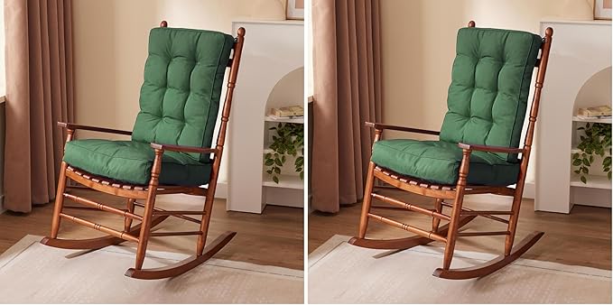 IPYNBAP Rocking Chair Cushion, Waterproof and Fade-Resistant Patio Chair Cushions, Tufted Chair Pads for Rocker Furniture, 17x17 Inch, Indoor/Outdoor Seat Cushions with Ties, Dark Green (Pack of 2)