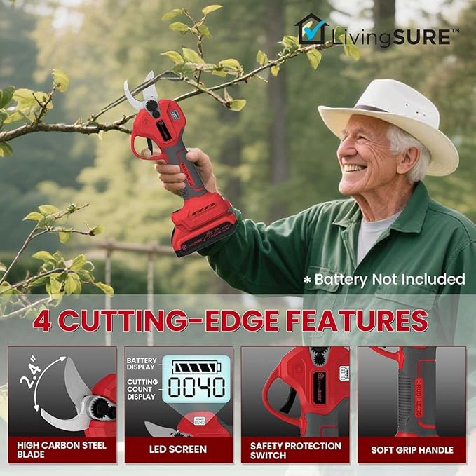 Cordless Pruning Shears by LivingSURE Portable Electric Shears For Gardening Tree and Flower Trimming, Branch Cutter for Outdoor Bushes and Garden - Battery Not Included