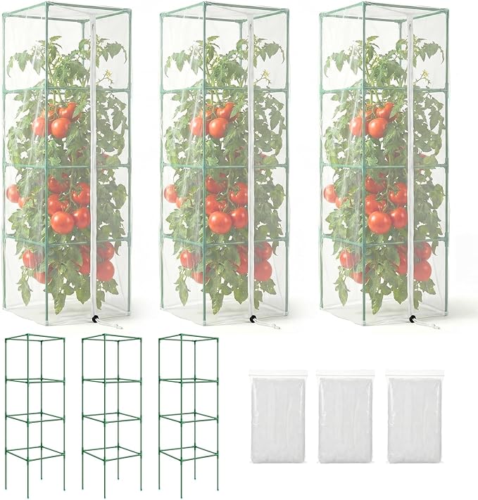 Qunclay 3 Pack Square Tomato Cages with 3 Pcs Garden Bird Netting Cover, 57 in Adjustable 4-Tier Tomato Plants Trellis, Drawstring Plant Protection for Vertical Climbing Plants Vegetables Fruits