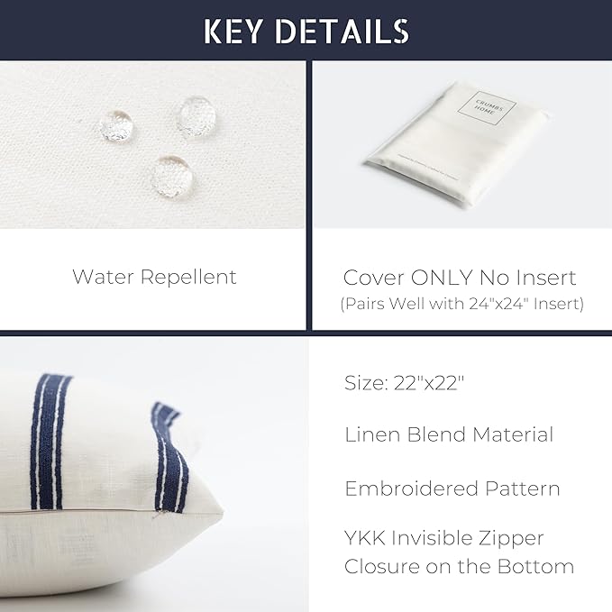 Crumbs Home Coastal Linen Indoor Outdoor Throw Pillow Cover Only, 22"x22" Water Repellent for Patio, Backyard, Couch, Neutral Dark Navy Embroidered Stripes