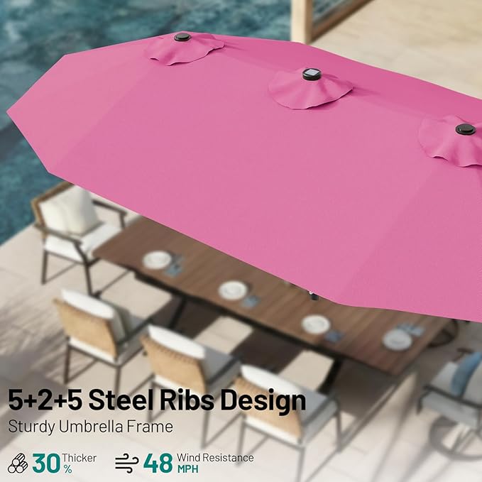 AreShark 13 FT Patio Umbrella with Solar Lights, Double-Sided Outdoor Table Umbrellas with Crank, Large Rectangular Market Umbrella for Porch, Lawn, Pool, Backyard, Rose Pink