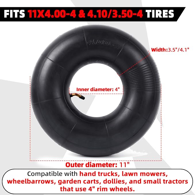 AR-PRO 11x4.00-4 Replacement Inner Tubes with TR87 Bent Valve Stem – Butyl Rubber Tire Tubes for Hand Truck, Lawn Mower, Wheelbarrow, Garden Cart – Fits 4.10/3.50-4 Tires (2 Pack)