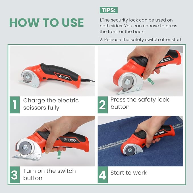 VLOXO Electric Scissors, Cordless Cardboard Cutter Power Box Cutter with Safety Lock, Multi-Cutting Tools for Cardboard, Rechargeable Mini Scissors for Plastic Leather Canvas with Storage Box Orange