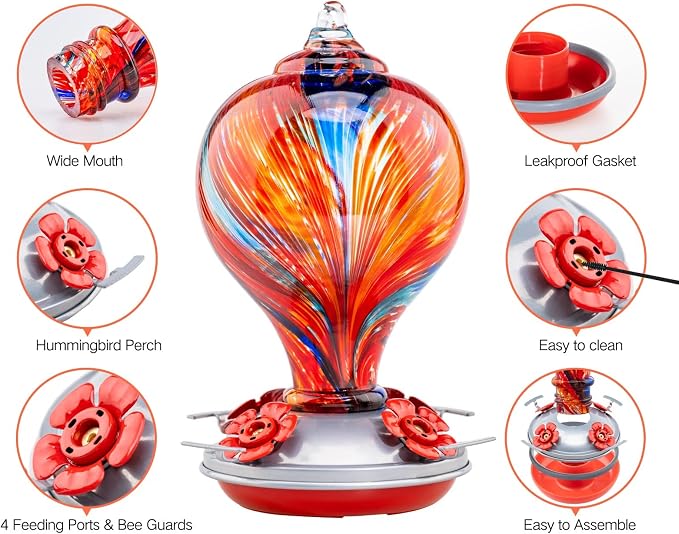 Muse Garden Hummingbird Feeders Blown Glass Hummingbird Feeder, Garden Backyard Decor, 32OZ, Mexican Stripes | Muse Garden Hummingbird Feeders Blown Glass Hummingbird Feeder, Garden Backyard Decor, 32OZ, Mexican Stripes