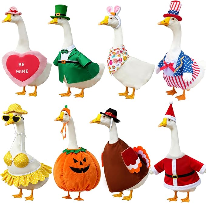 8 Set Holiday Porch Goose Outfits All Seasons Bundle for Valentine St. Patrick Easter Summer 4th of July Fall Halloween Christmas - Lawn Porch Goose Clothing for Patio Yard Decor