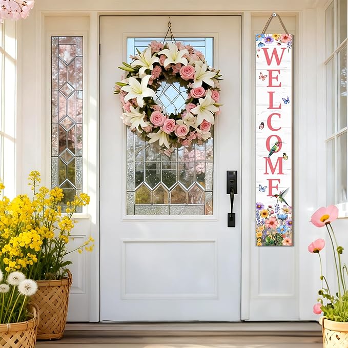 Hummingbird Welcome Sign for Front Door, Summer Porch Sign Tulip Flowers Outdoor Yard Sign Seasonal Tall Floral Welcome Porch Sign Wildflowers Wood Door Sign for Garden Patio Wall Home Decor