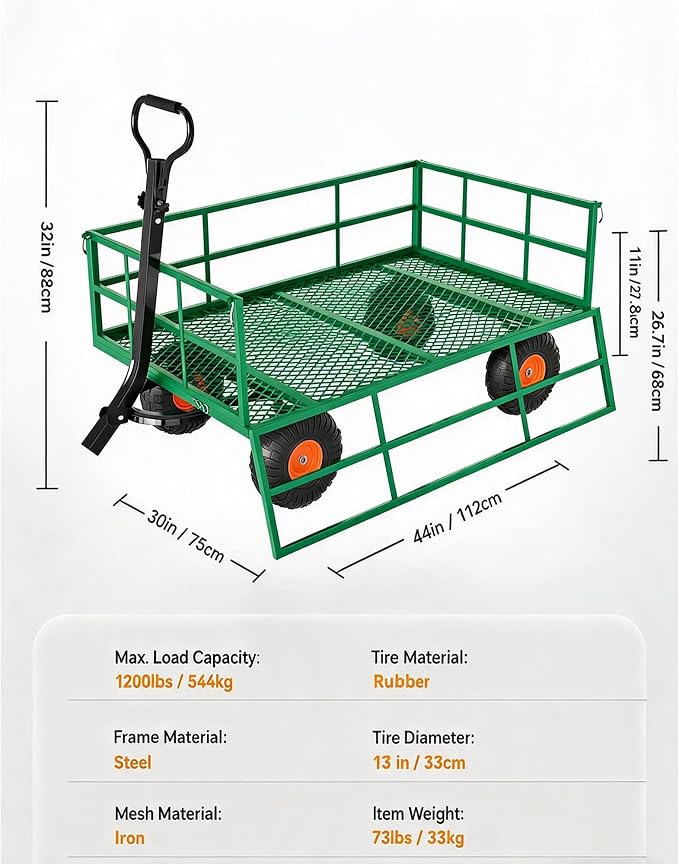 GarveeLife Heavy Duty Steel Garden Cart 1200 LBS Capacity 3 in 1 Pullable Garden Wagon with 13 in Wheels for Gardening Soil, Tools, and Plant Transport