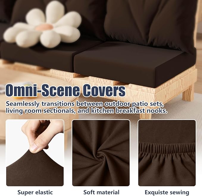 8Pcs Patio Stretch Cushion Covers, Outdoor Couch & Sofa Replacement Slipcovers for Patio Furniture Cushion Covers, Washable Reusable Furniture Protector, Square Large, Dark Coffee