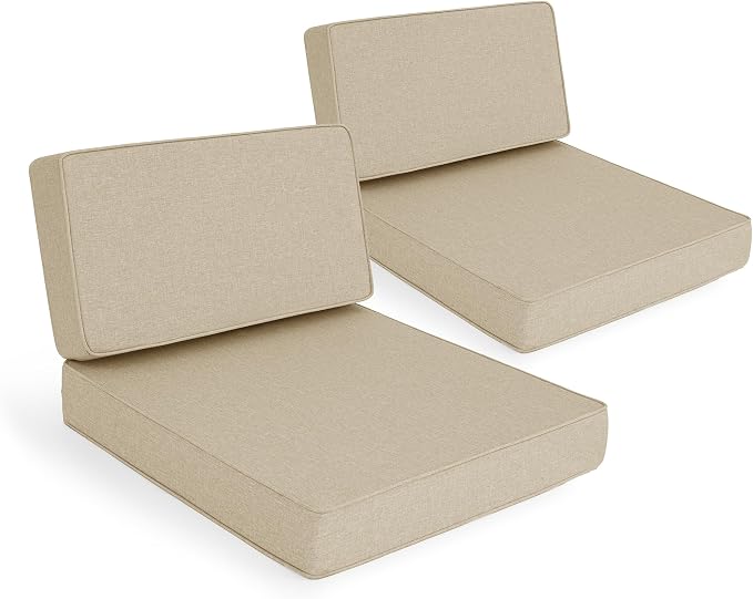 Outdoor Furniture Cushions 25.6x25.6 Inch, Deep Seat Patio Couch Cushions Replacement for Sectional Conversation Set Sofa Loveseat, Fade and Water-Resistant, Removable Cover, Set of 2, Natural