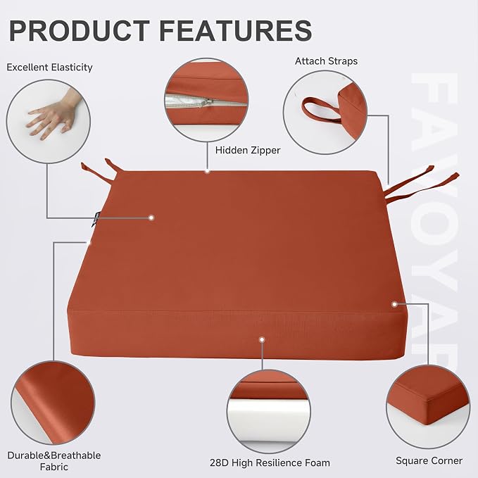 Favoyard Patio Chair Cushions 18.5 x 16 x 3 Inch Waterproof Outdoor Seat Cushions for Patio Furniture 3-Year Color Fastness Garden Sofa Couch Chair Pads with Handle & Adjustable Straps Set of 2, Spice