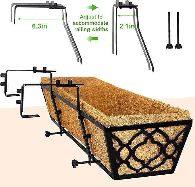 Y&M 4Pcs 30'' Railing Planter Box Set with Coconut Coir Liner, Flower Boxes with Adjustable Brackets, Large Metal Hanging Window Boxes for Fence, Deck, Balcony, and Outdoor Garden