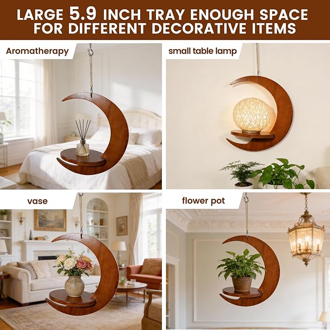 Tnstbiee Moon-Shaped Wooden Hanging Plant Stand,Nordic Modern Window Plant Shelf, Space-Saving Indoor Flower Holder for 3-5.5 Inch Pots,Aesthetic Hanging Plant Tray Decor,Gifts for Gardener & Mother