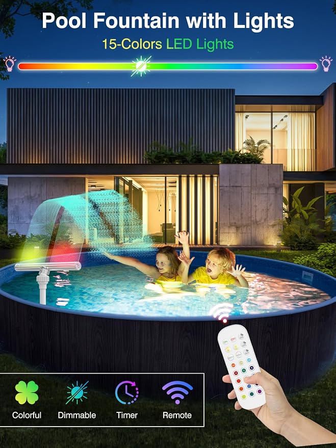 Solar Pool Fountain with 15-Color LED Lights, Adjustable Water Pressure & Spray Angle, Pool Waterfall Sprinkler for Above Ground & Inground Pools, Ponds, Outdoor Decor