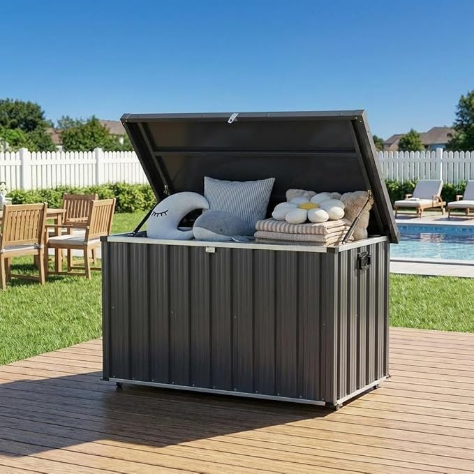 Metal Deck Box Waterproof, 160 Gallon Large Metal Outdoor Storage Box with Soft-Close Lid, Wheels & Side Handles, Galvanized Steel Patio Storage for Cushions, Pool Gear, Garden Tools, Backyard & Porch