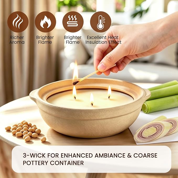 Citronella Candles Outdoor, 3-Wick Citronella Candles for Patio with Lid, Large Long Lasting Soy Wax Lemongrass Ceramic Outdoor Candle for Camping Backyard Garden Balcony Deck Indoor Home Gatherings