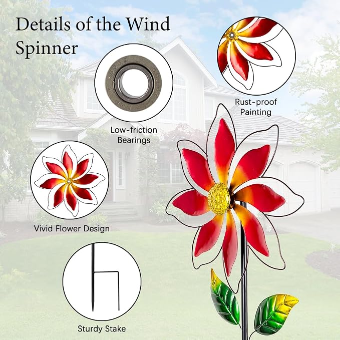 Wind Spinner Outdoor,14’’ Dia Red Flower Shape Garden Pinwheels Spinners,Waterproof Windmill for Yard Lawn Patio Decor