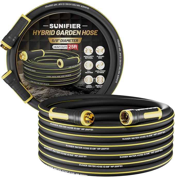 Hybrid Rubber Garden Hose 5/8 Inch, 25 ft Heavy Duty Kink-Free Water Hose, 3-Layer Reinforced, 600 PSI Burst Pressure, Water Safe, All-Weather Flexible Hoses for Yard, Lawn (Black,25 ft)
