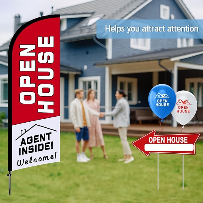 Open House Signs Kit (45 Pcs), 1 Pack Open House Flag, 9 Pack Open House Signs for Real Estate, Double Sided Directional Arrows Sign with Stakes and 24 Balloons for Real Estate Agents Supplies