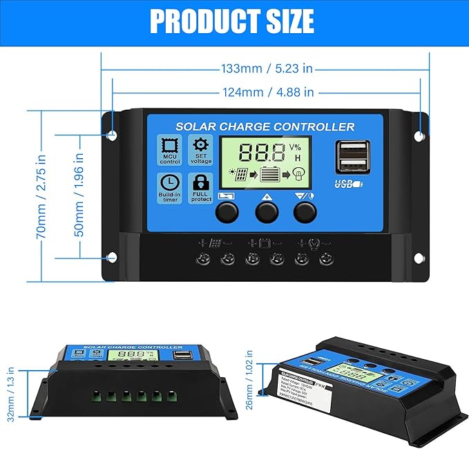 2PCS 30A PWM Solar Charge Controller, 12V 24V Dual USB Solar Panel Battery Intelligent Regulator with LCD Display, Auto Parameter Adjustable, Timer Setting, Multiple Load Control Modes