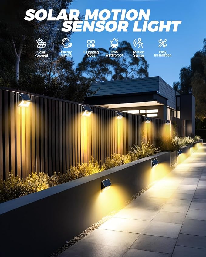 Vighep 4 Pack Solar Fence Lights, Waterproof Motion Sensor Deck Outdoor, Warm White LED Outside Wireless for Wall Yard Steps Stairs Garden - Black