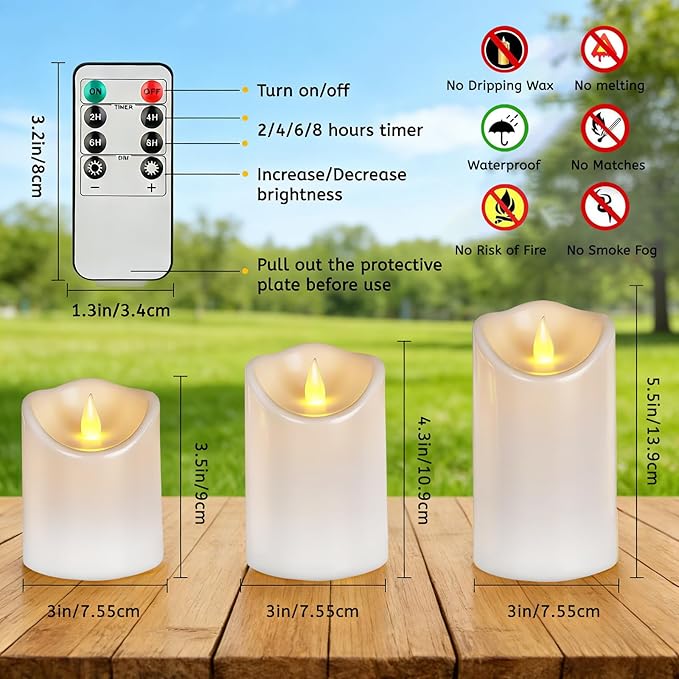 Outdoor Flameless Candles, Patented 3D Dual-LED, Set of 9 Slanted Plastic Pillars with 2 Remotes, Pure White Waterproof Non-Melting Battery Operated Large Set for Modern Fireplace, White