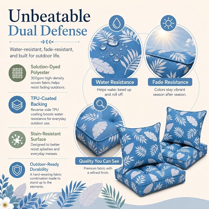 22x22 Waterproof Outdoor Chair Cushions Set of 2, Patio Cushions for Outdoor Furniture Water-Resistant & Fade-Resistant, Deep Seat & Back Cushion for Wicker Sofa (Blue Leaf)