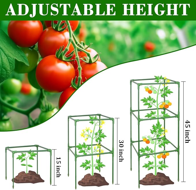 ZeeDix 45 Inch Tomato Cages 2 Pack, Heavy Duty Adjustable Metal Garden Plant Supports for Climbing Vegetables - Square Cage for Tomatoes, Cucumbers, Peas, Flowers with 20 Plant Clips