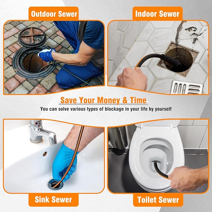 150FT Sewer Jetter Kit for Pressure Washer, 1/4" NPT Corner Drain Cleaner Hose 5800 PSI with Sewer Jetting Nozzles, Pearl Corsage Pin, Waterproof Tape, Extension Cord Organizer&2 Spanner
