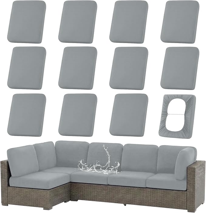 hyha Waterproof Outdoor Cushion Covers for Patio Furniture, Stretch Patio Chair Cushion Slipcovers, Coated UV Resistant Replacement Seat Covers, Solid Color (Grey, 12PC)