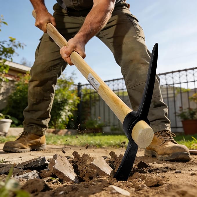 Nohovu Pickaxe with Wood Handle, Heavy Duty Forged Steel Pick Axe for Digging, 36 Inches (406I)