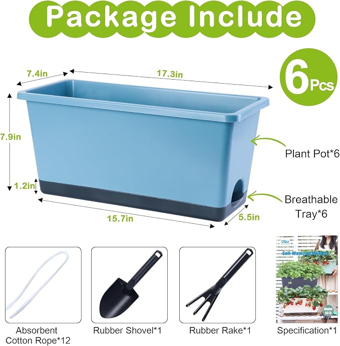 Oliz Window Box Planter 6 Pcs, 17 Inches Rectangle Flower Pots with Drainage Holes and Trays, Vegetable Planters for Windowsill Patio Garden Balcony Indoor Outdoor (Blue, 17 * 7.4 * 7.8 inch)