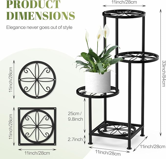 4 Tier Plant Stand Indoor Outdoor, Metal Flower Shelf Display Holder, Multiple Plants Corner Tall Flower Holders for Patio Balcony Porch Garden Living Room (Leaf Black)