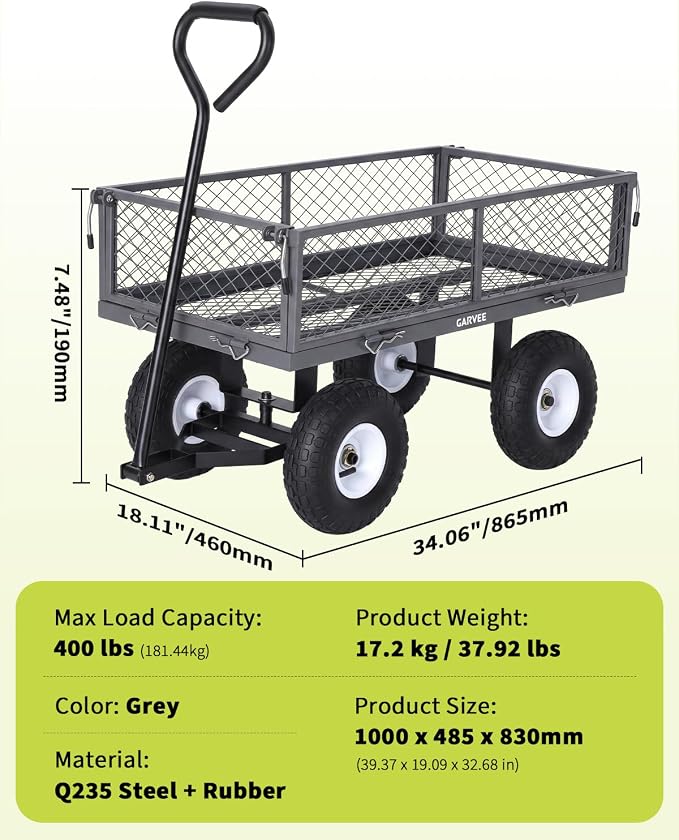 Garvee Versatile Outdoor Utility Cart-400LBS Heavy-Duty, 10" All-Terrain Pneumatic Tires, Easy Maneuverable Lawn Cart with Removable Mesh Panels for Gardening&Landscaping, Grey, with Waterproof Liner