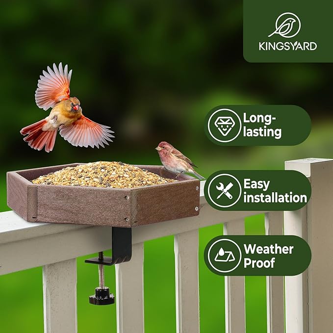 Kingsyard Clamp-On Deck Bird Feeder 11in Hexagon, Adjustable Balcony Railing Clamp 2.2in No-Drill, Recycled Plastic Seed Tray Metal Mesh Drainage Easy-Clean 3 lb, Brown