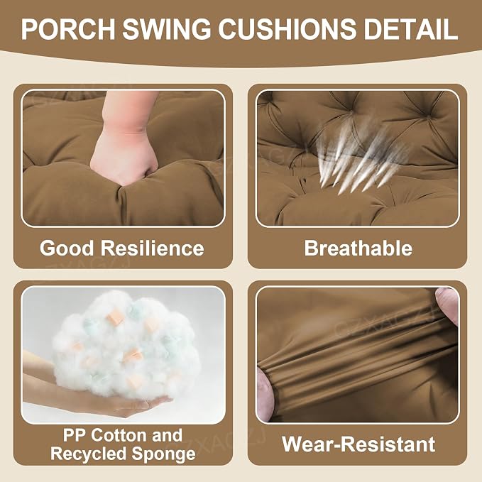 Porch Swing Cushions Outdoor 60 inch Waterproof Extra Thick 5" Outdoor Swing Cushions Replacement with Backrest and Ties for Outdoor Furniture Porch Patio Garden Lawn Backyard (Brown)